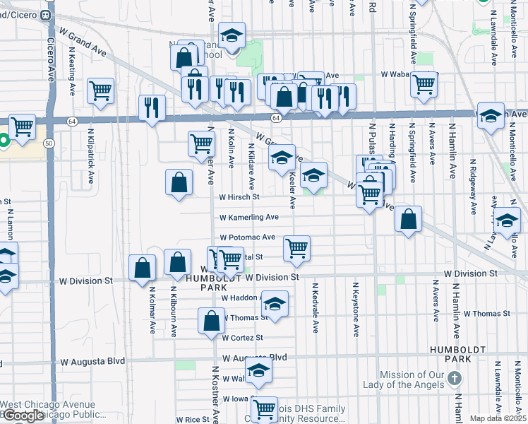 map of restaurants, bars, coffee shops, grocery stores, and more near 4256 West Kamerling Avenue in Chicago
