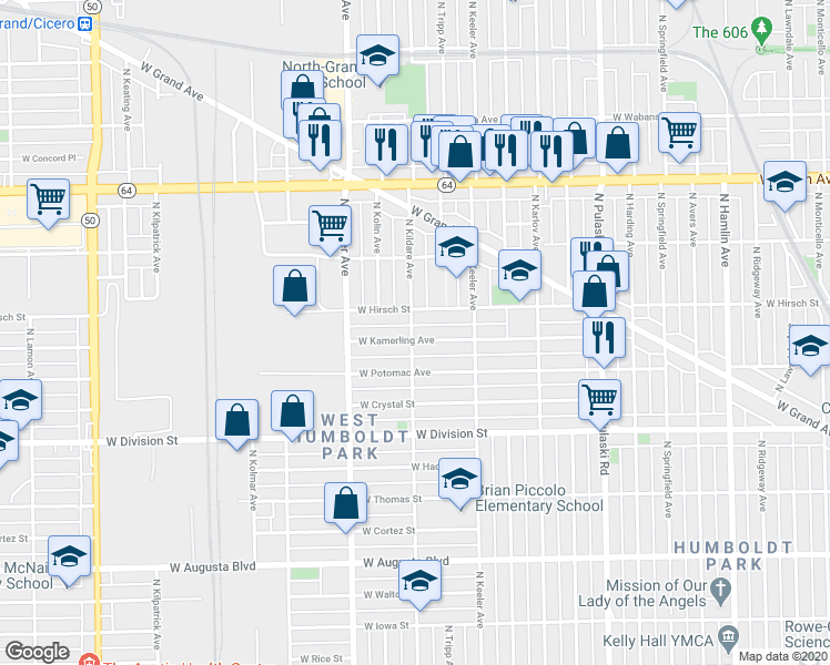 map of restaurants, bars, coffee shops, grocery stores, and more near 4256 West Kamerling Avenue in Chicago