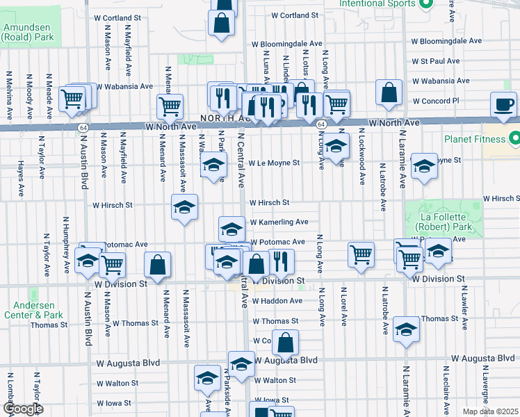 map of restaurants, bars, coffee shops, grocery stores, and more near 5523 West Hirsch Street in Chicago