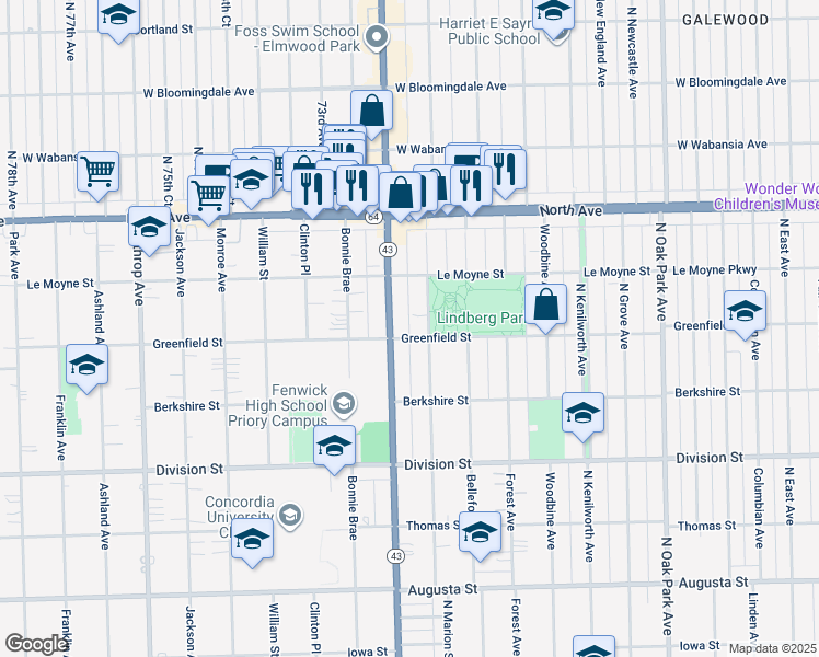 map of restaurants, bars, coffee shops, grocery stores, and more near 1401 Illinois 43 in Oak Park