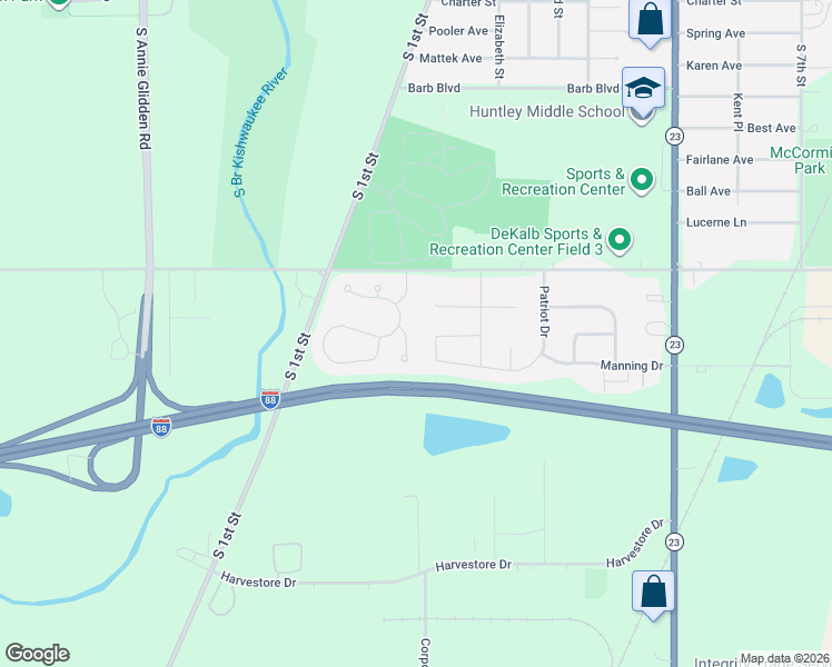 map of restaurants, bars, coffee shops, grocery stores, and more near 170 Devonshire Drive in DeKalb