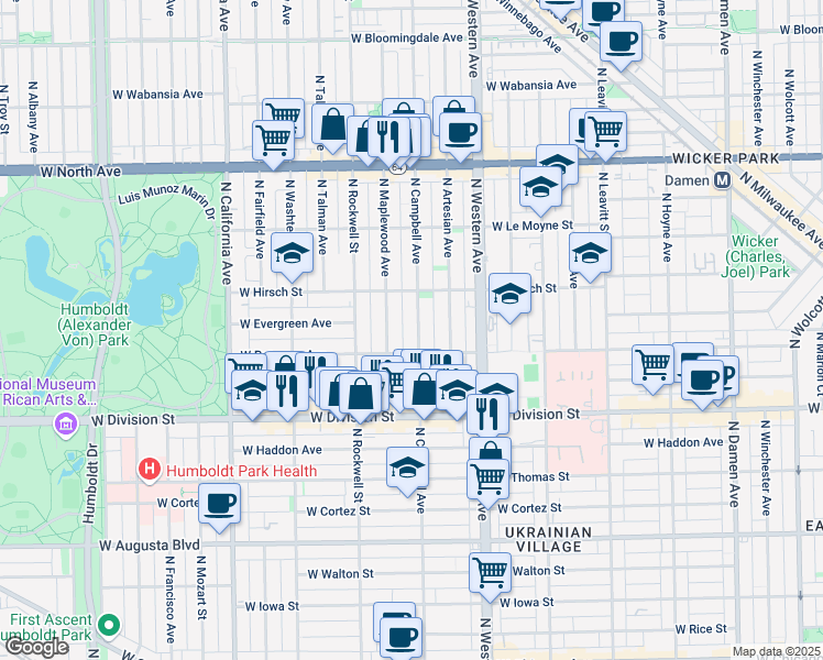 map of restaurants, bars, coffee shops, grocery stores, and more near 1320 North Campbell Avenue in Chicago
