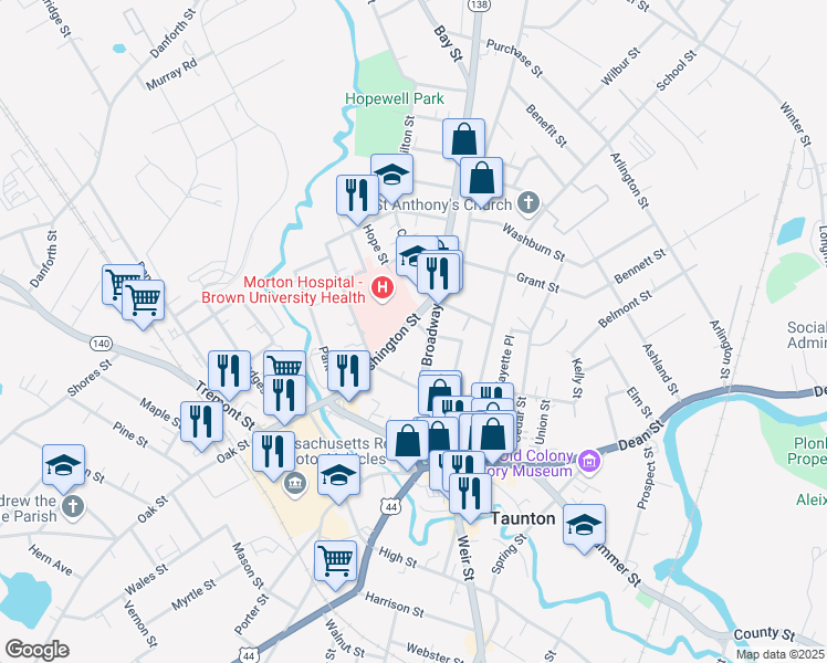 map of restaurants, bars, coffee shops, grocery stores, and more near 91 Washington Street in Taunton