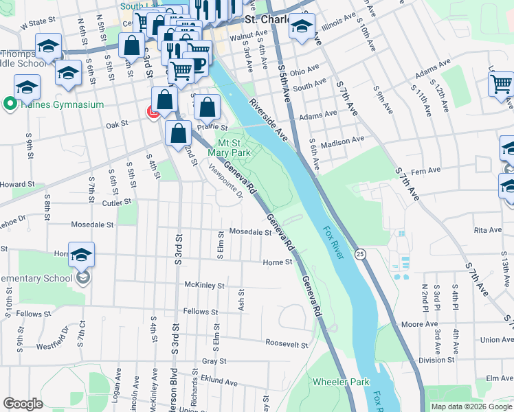 map of restaurants, bars, coffee shops, grocery stores, and more near 865 Geneva Road in St. Charles