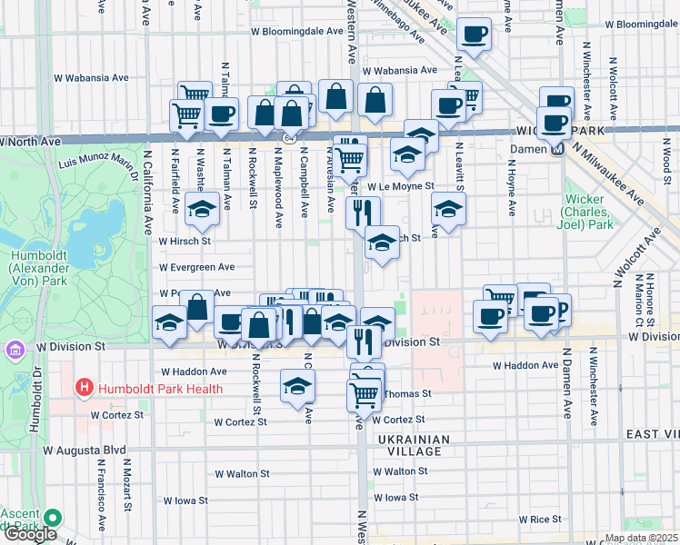 map of restaurants, bars, coffee shops, grocery stores, and more near 1320 North Artesian Avenue in Chicago
