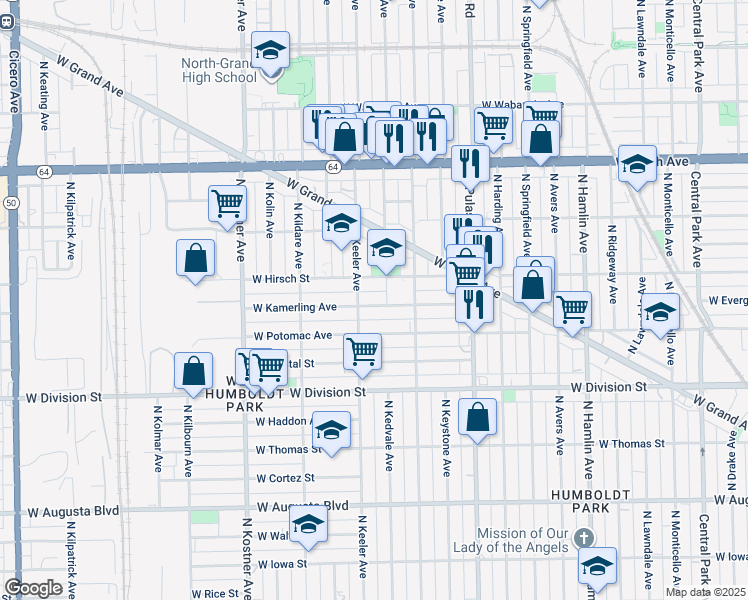 map of restaurants, bars, coffee shops, grocery stores, and more near 4142 West Kamerling Avenue in Chicago