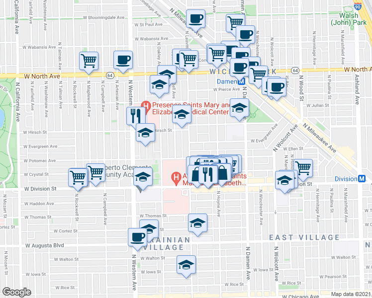 map of restaurants, bars, coffee shops, grocery stores, and more near 1318 North Leavitt Street in Chicago
