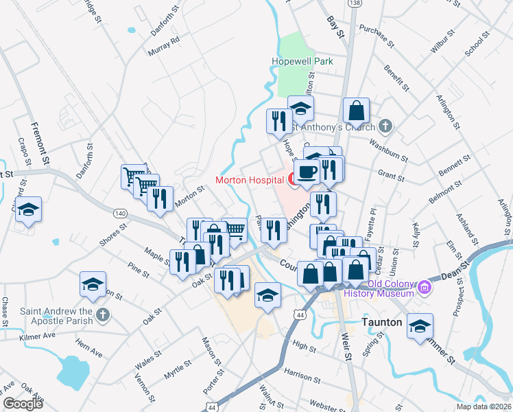 map of restaurants, bars, coffee shops, grocery stores, and more near 31 Park Street in Taunton