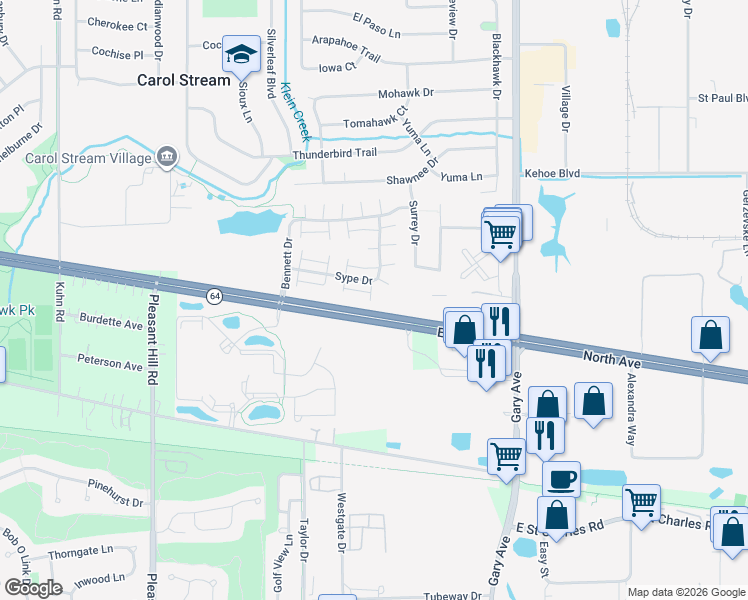 map of restaurants, bars, coffee shops, grocery stores, and more near 238 Sype Drive in Carol Stream