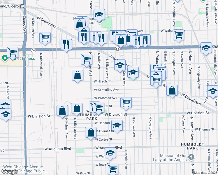 map of restaurants, bars, coffee shops, grocery stores, and more near 4258 West Kamerling Avenue in Chicago