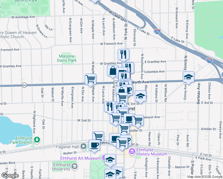 map of restaurants, bars, coffee shops, grocery stores, and more near 260 North Addison Avenue in Elmhurst