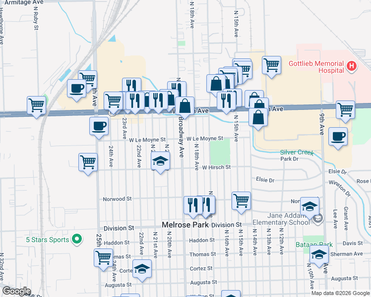 map of restaurants, bars, coffee shops, grocery stores, and more near 1739 North 19th Avenue in Melrose Park
