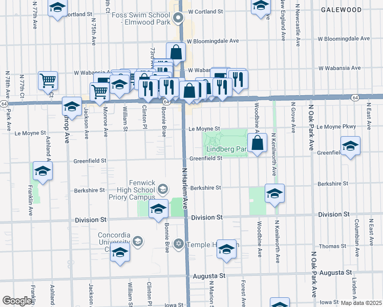 map of restaurants, bars, coffee shops, grocery stores, and more near 1401 Illinois 43 in Oak Park