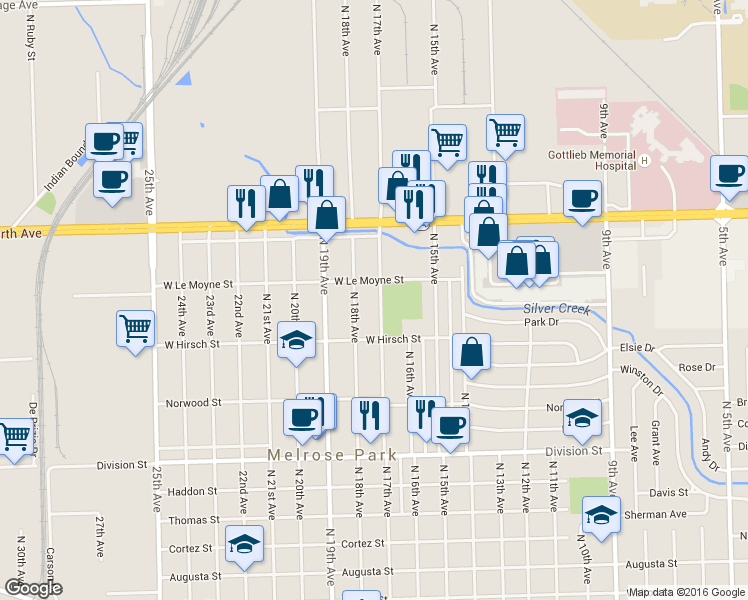 map of restaurants, bars, coffee shops, grocery stores, and more near 1732 North 17th Avenue in Melrose Park