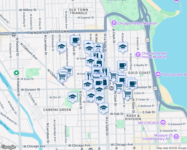 map of restaurants, bars, coffee shops, grocery stores, and more near 1254 North Wells Street in Chicago