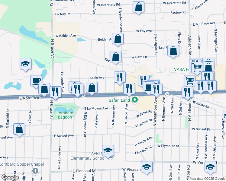 map of restaurants, bars, coffee shops, grocery stores, and more near in Villa Park
