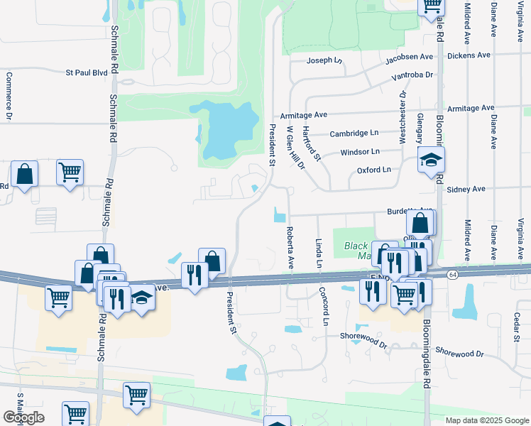 map of restaurants, bars, coffee shops, grocery stores, and more near 1280 Raleigh Court in Glendale Heights