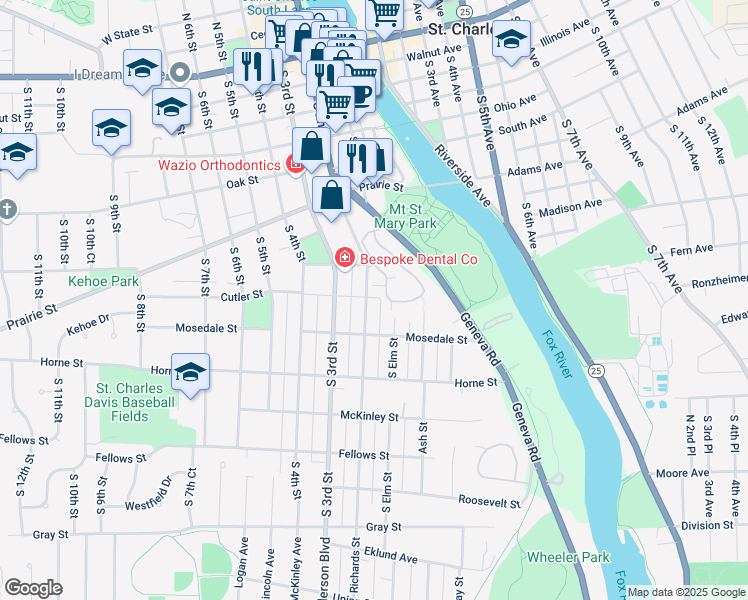 map of restaurants, bars, coffee shops, grocery stores, and more near 900 South 2nd Street in St. Charles