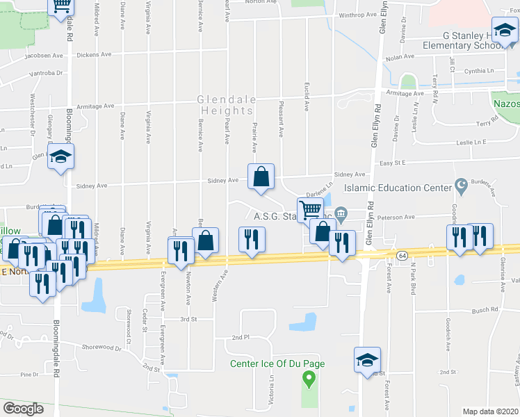 map of restaurants, bars, coffee shops, grocery stores, and more near 438 James Court in Glendale Heights