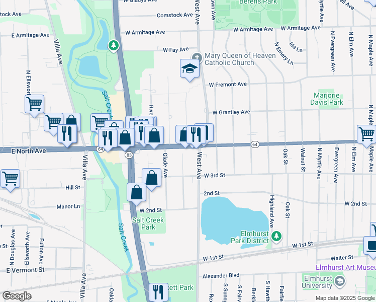 map of restaurants, bars, coffee shops, grocery stores, and more near 538 West North Avenue in Elmhurst