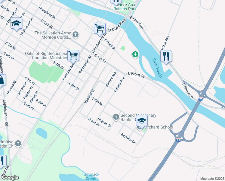 map of restaurants, bars, coffee shops, grocery stores, and more near 1324 East 3rd Street in Monroe