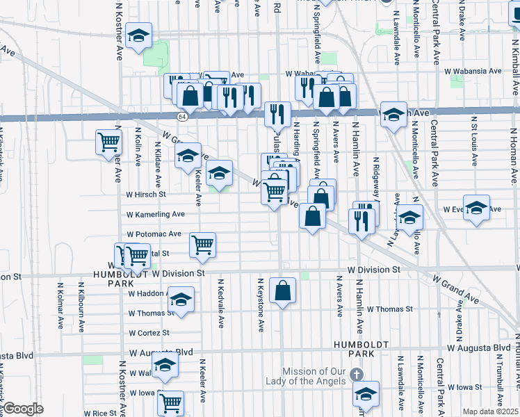 map of restaurants, bars, coffee shops, grocery stores, and more near 4026 West Kamerling Avenue in Chicago