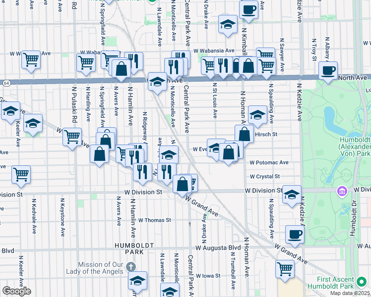 map of restaurants, bars, coffee shops, grocery stores, and more near 1330 North Central Park Avenue in Chicago