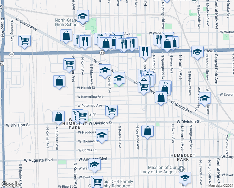 map of restaurants, bars, coffee shops, grocery stores, and more near 4136 West Kamerling Avenue in Chicago