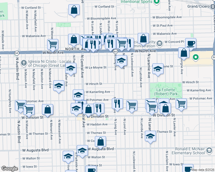 map of restaurants, bars, coffee shops, grocery stores, and more near 5431 West Hirsch Street in Chicago