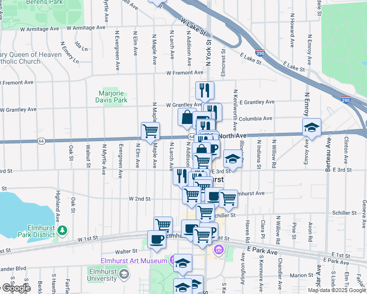 map of restaurants, bars, coffee shops, grocery stores, and more near 260 N Addison Ave in Elmhurst
