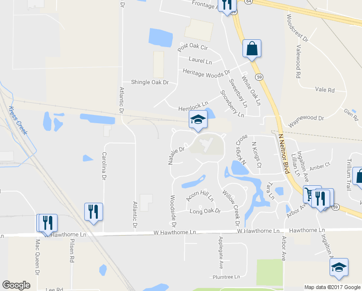 map of restaurants, bars, coffee shops, grocery stores, and more near 351 Natalie Drive in West Chicago