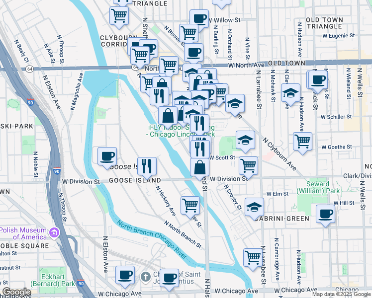 map of restaurants, bars, coffee shops, grocery stores, and more near 1335 North Kingsbury Street in Chicago