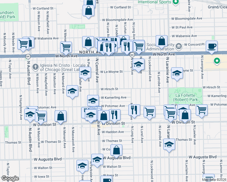 map of restaurants, bars, coffee shops, grocery stores, and more near 5469 West Hirsch Street in Chicago