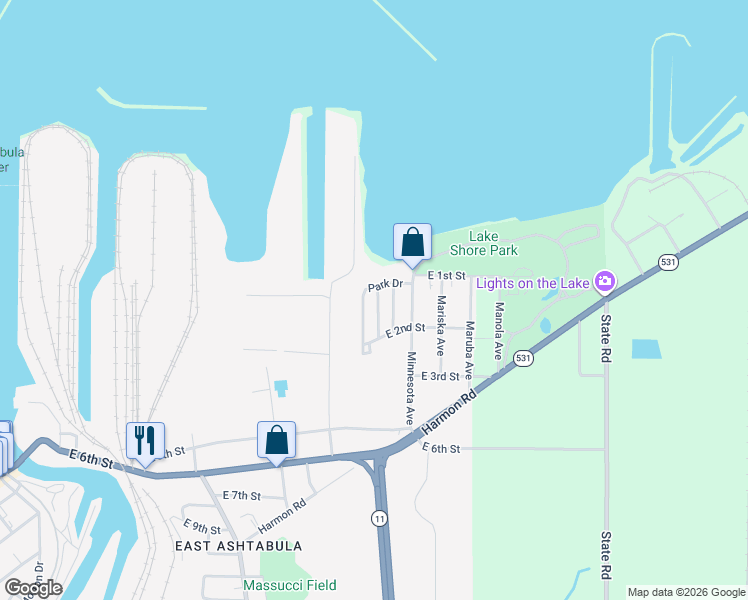 map of restaurants, bars, coffee shops, grocery stores, and more near 131 East Lakecliff Drive in Ashtabula