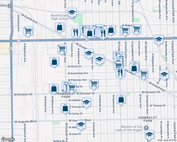 map of restaurants, bars, coffee shops, grocery stores, and more near 4218 West Kamerling Avenue in Chicago
