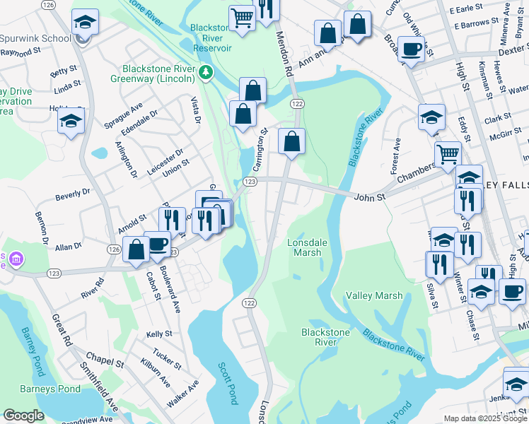 map of restaurants, bars, coffee shops, grocery stores, and more near 80 Lonsdale Main Street in Lincoln
