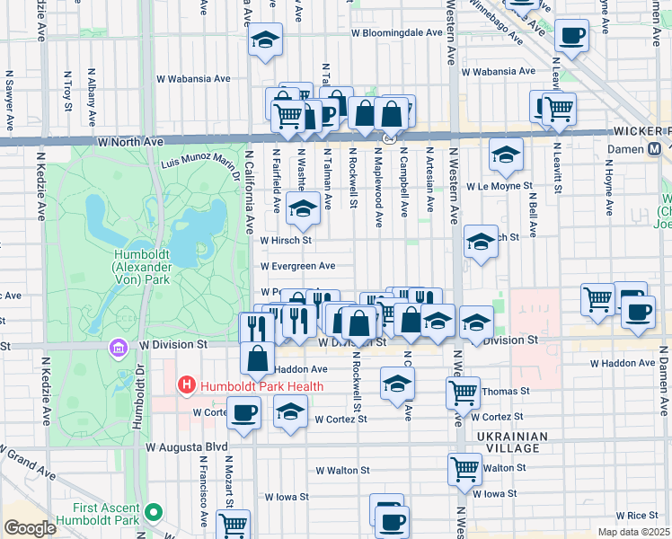 map of restaurants, bars, coffee shops, grocery stores, and more near 2621 West Evergreen Avenue in Chicago