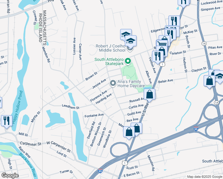 map of restaurants, bars, coffee shops, grocery stores, and more near 344 Robinson Avenue in Attleboro