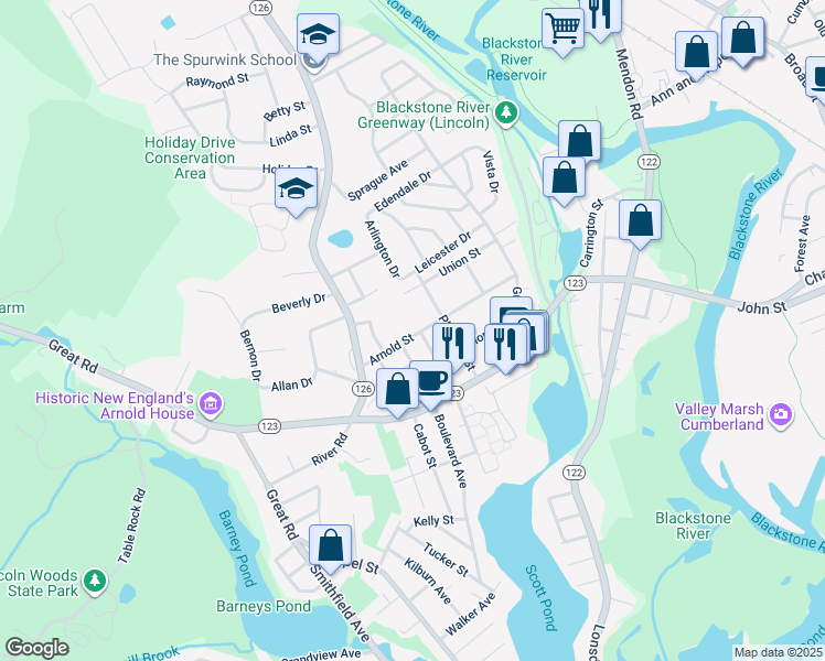 map of restaurants, bars, coffee shops, grocery stores, and more near 117 Arnold Street in Lincoln