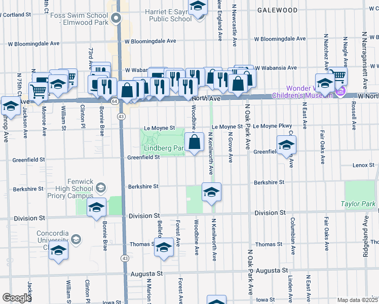 map of restaurants, bars, coffee shops, grocery stores, and more near 1104 Woodbine Avenue in Oak Park