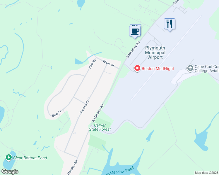 map of restaurants, bars, coffee shops, grocery stores, and more near 146 South Meadow Road in Carver