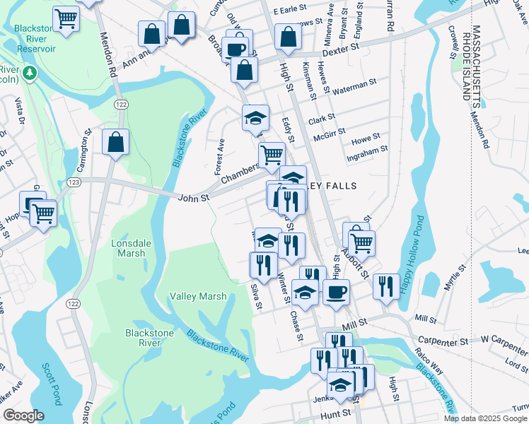 map of restaurants, bars, coffee shops, grocery stores, and more near 17 Eli Street in Cumberland