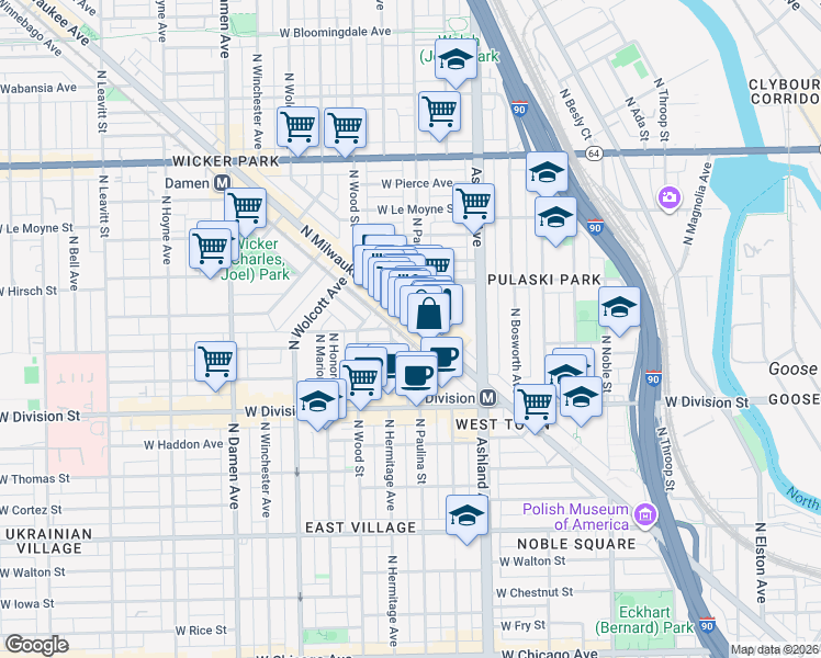 map of restaurants, bars, coffee shops, grocery stores, and more near 1324 North Milwaukee Avenue in Chicago