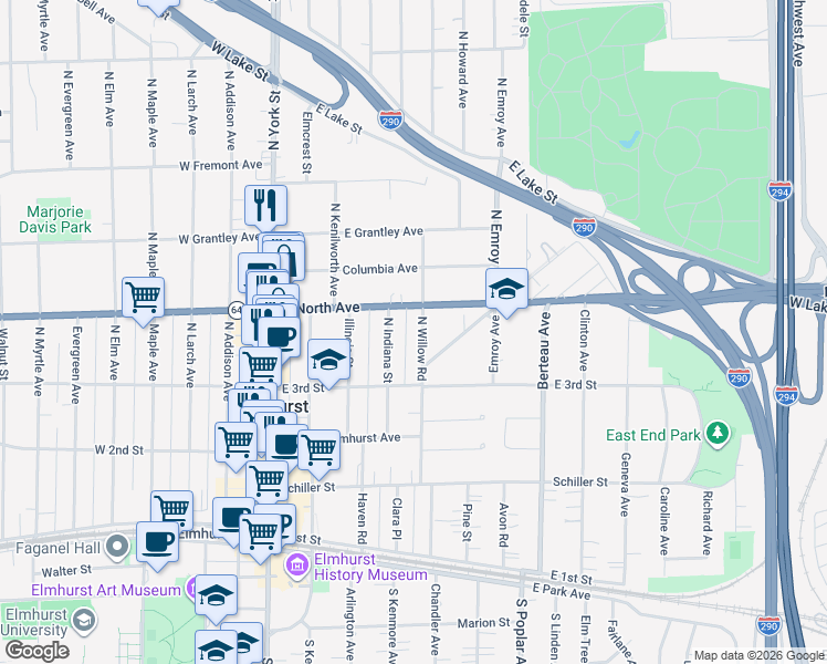 map of restaurants, bars, coffee shops, grocery stores, and more near 288 North Willow Road in Elmhurst