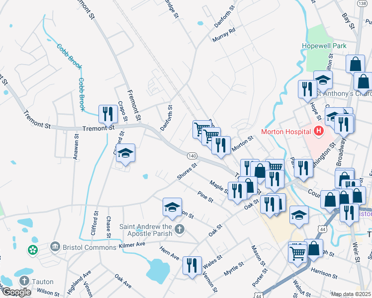 map of restaurants, bars, coffee shops, grocery stores, and more near 53 Massachusetts 140 in Taunton