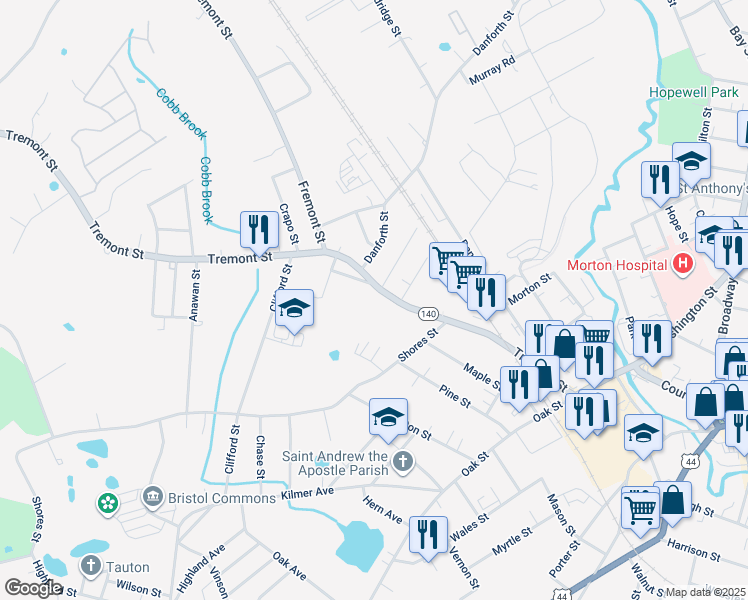 map of restaurants, bars, coffee shops, grocery stores, and more near 4 Locust Street in Taunton