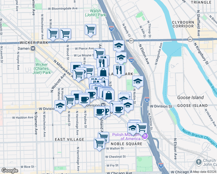 map of restaurants, bars, coffee shops, grocery stores, and more near 1311 North Bosworth Avenue in Chicago