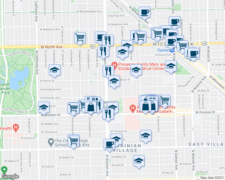 map of restaurants, bars, coffee shops, grocery stores, and more near 1313 North Claremont Avenue in Chicago
