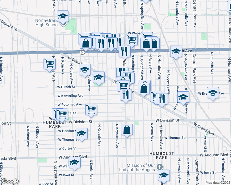 map of restaurants, bars, coffee shops, grocery stores, and more near 4026 West Kamerling Avenue in Chicago