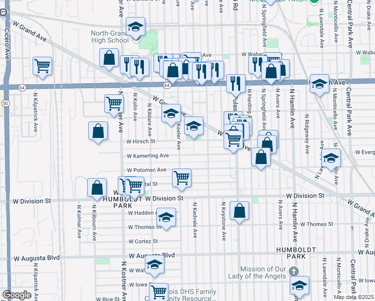 map of restaurants, bars, coffee shops, grocery stores, and more near 4142 West Kamerling Avenue in Chicago